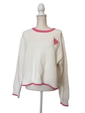 XOKR Kerri Rosenthal Anthropologie White Pink Heart Knit Sweater Size XL